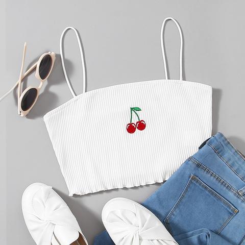 Embroidery Cherry Rib-knit Crop Cami Top
