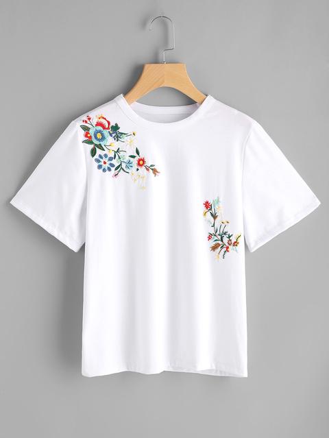 T-shirt Con Maniche Corte E Ricamo Di Fiore