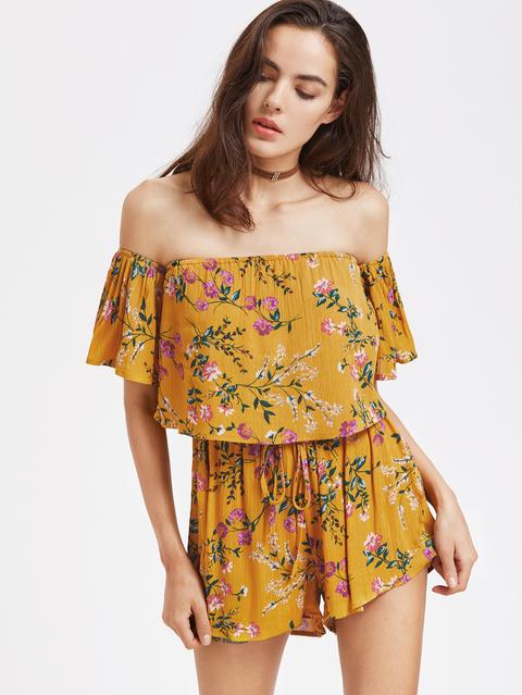 Off Shoulder Ditsy Print Layered Drawstring Romper