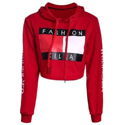 Active Long Sleeve Color Block Letter Printed Cropped Hoodie For Women