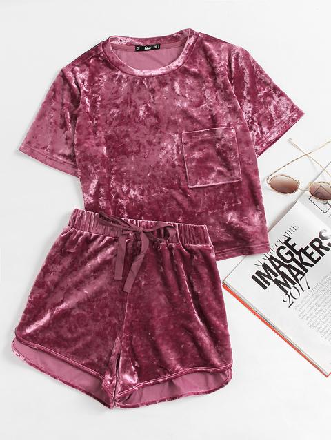 Pocket Front Crushed Velvet Top And Bow Shorts Set