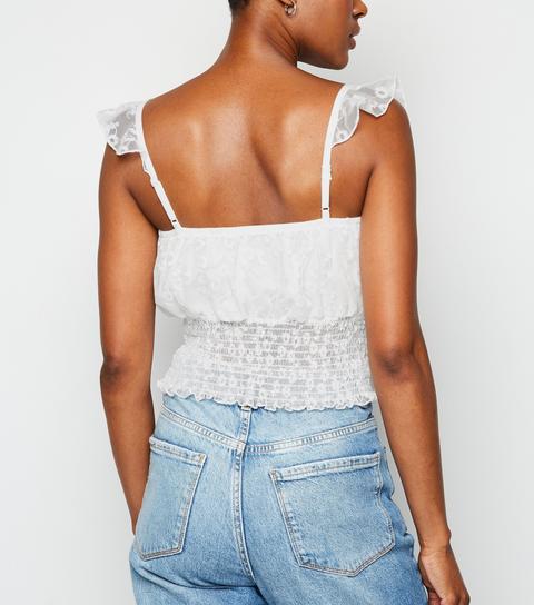 White Floral Lace Shirred Crop Top New Look