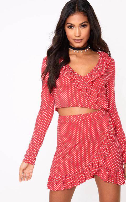 Red Polkadot Frill Longsleeve Crop Top, Red Polkadot