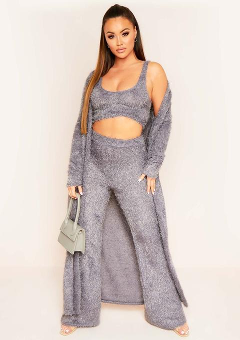 Kara Grey Fluffy Knit Pocket Front Maxi Cardigan