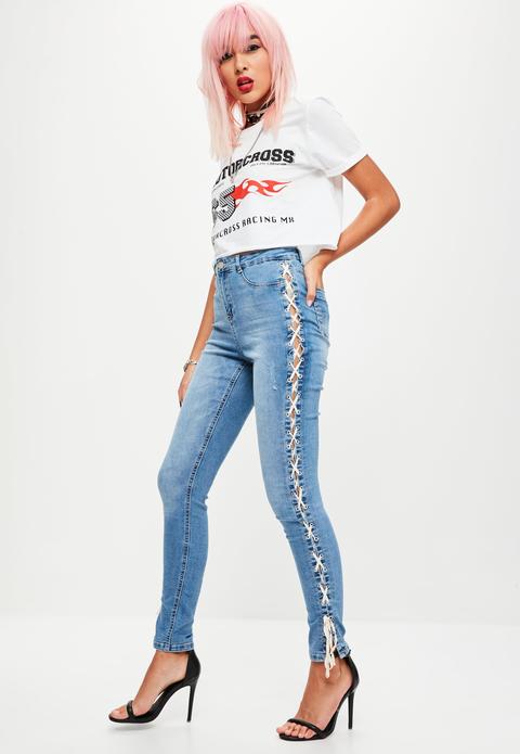 Blue Sinner High Waisted Lace Side Skinny Jeans