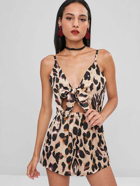 Pagliaccetto Annodato Sul Davanti In Raso Con Stampa Leopardata Leopard
