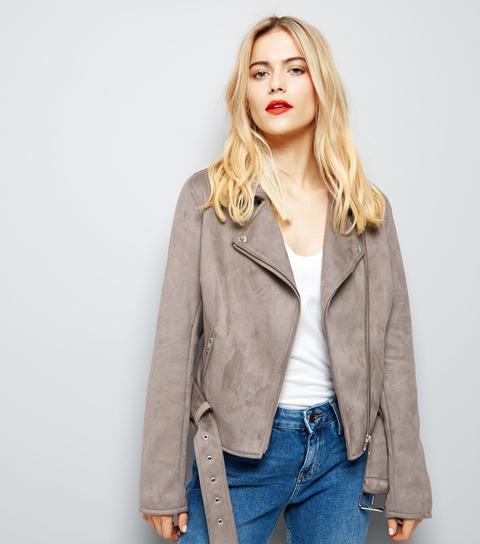 Grey Suedette Biker Jacket New Look