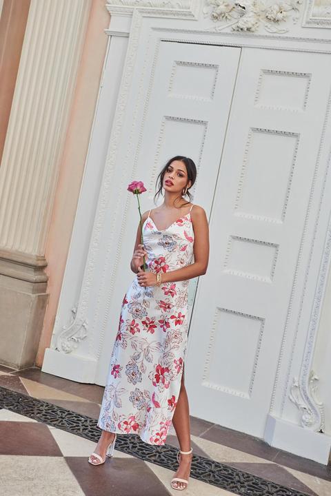 Pink Floral Satin Midi Dress