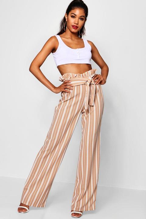 Womens Crepe Stripe Paperbag Wide Leg Pants - Beige - 12