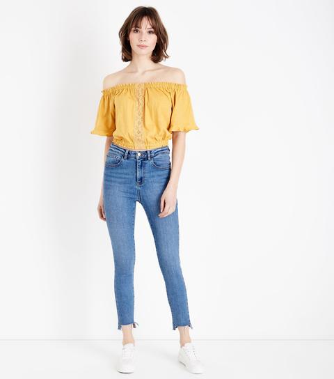 Mustard Lace Trim Bardot Crop Top New Look