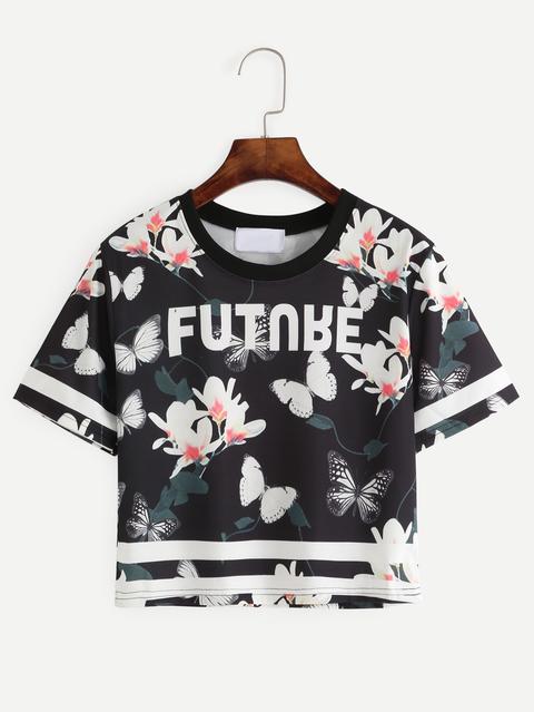 T-shirt Varsity Stampa Fiore E Farfalla - Nero