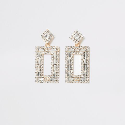 Gold Colour Diamante Rectangle Drop Earrings