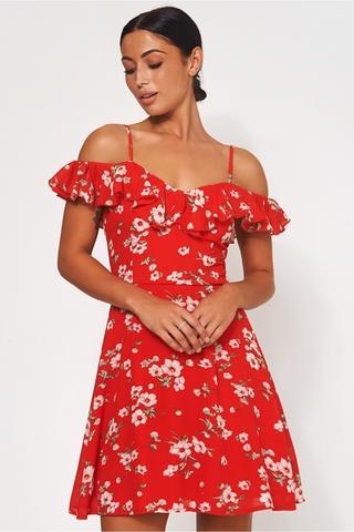 Dilon Red Frill Bardot Mini Dress