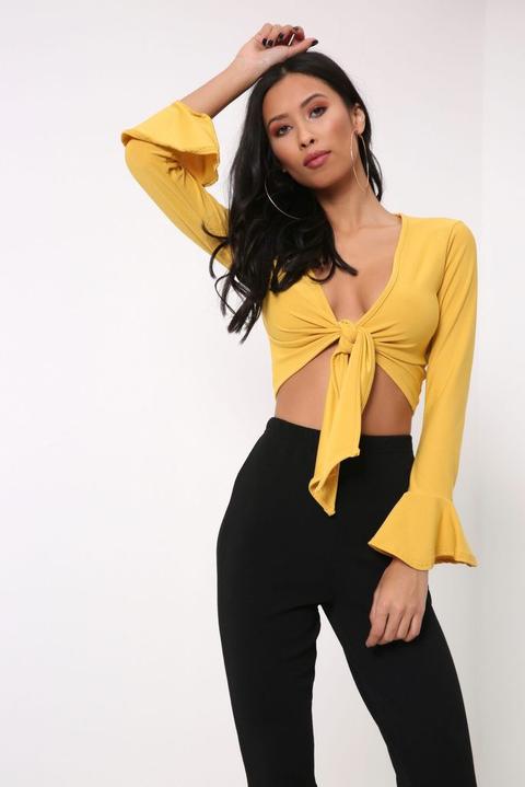 Mustard Tie Front Frill Crop Top