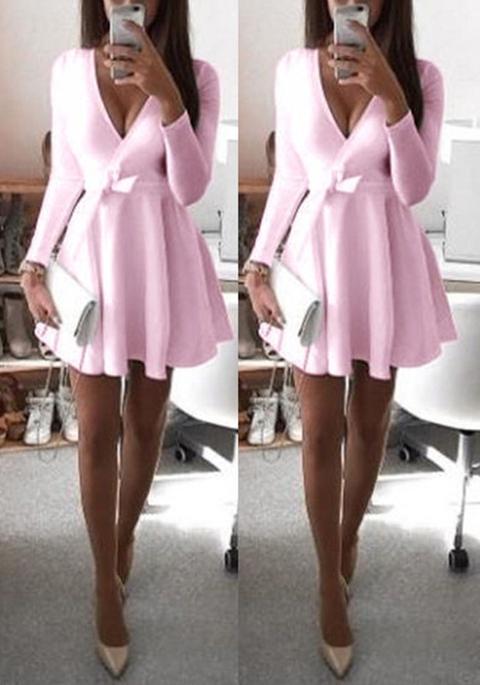 Pink Plain Pleated Plunging Neckline Long Sleeve Mini Dress