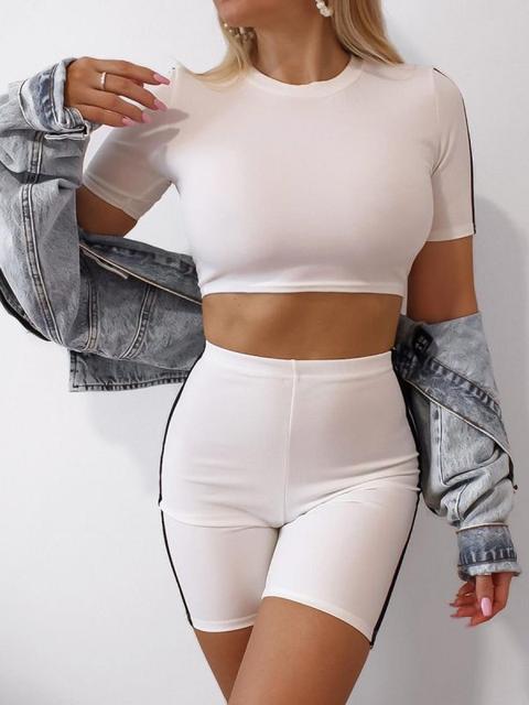 Ally Side Stripe Crop Top & Shorts Co-ord In White