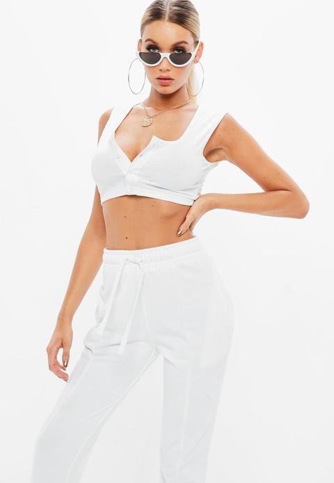 White Button Front Crop Top, White