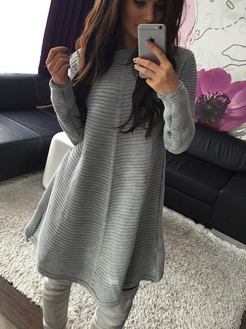 Grey Long Sleeve Round Neck Casual Sweet Going Out Mini Dress