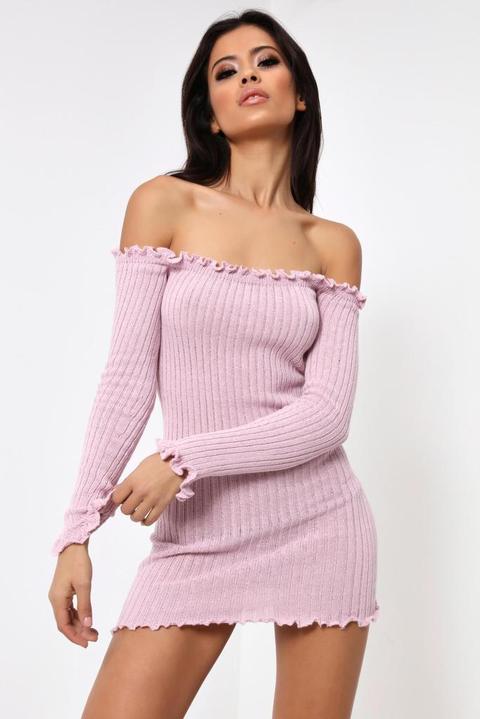 Lightpink Ruffle Long Sleeve Knitted Bardot Dress