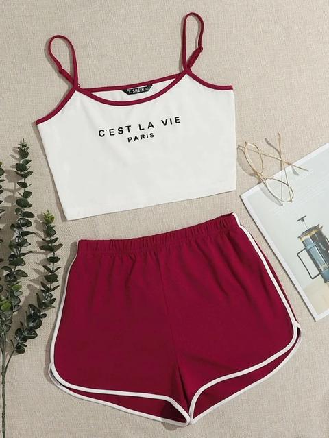 Conjunto Top De Tirantes Con Estampado De Letra Unido En Contraste Con Shorts Delfín