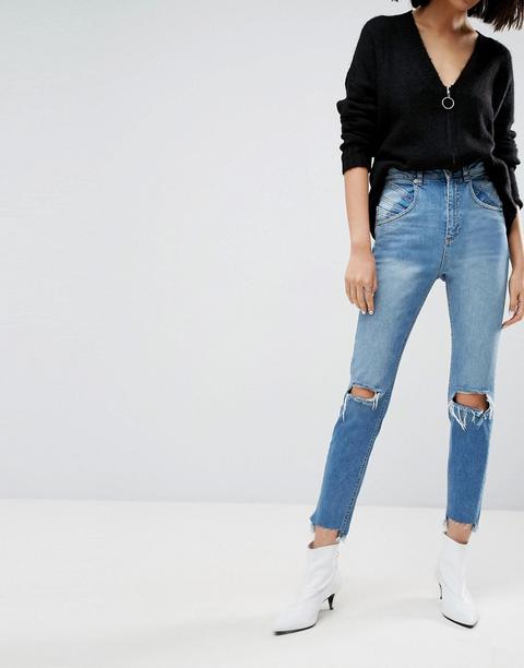 Asos - Farleigh - Mom Jeans Slim A Vita Alta Con Particolari Cuciti Stile Anni '80 Blu Medio Slavato - Blu