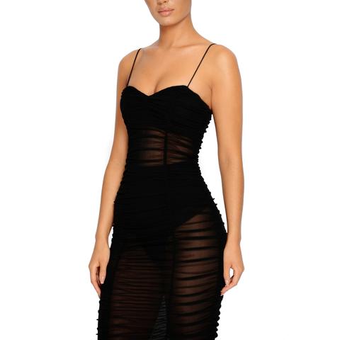 Sheer All About It Strappy Ruched Midi Dress In Black