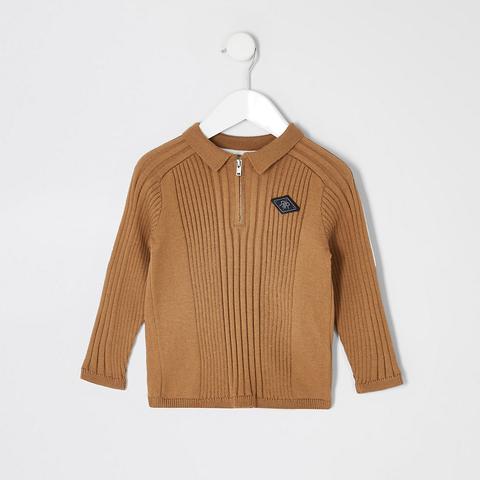 Mini Boys Beige Zip Rib Knitted Polo Shirt