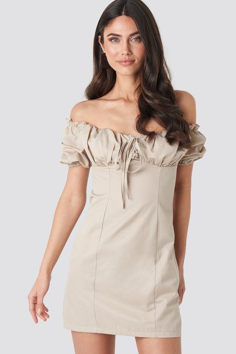 Tie Front Off Shoulder Mini Dress Beige