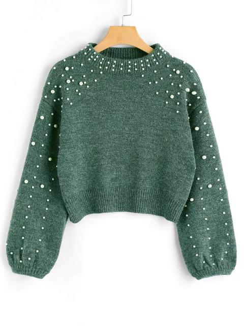 Faux Pearl Mock Neck Sweater