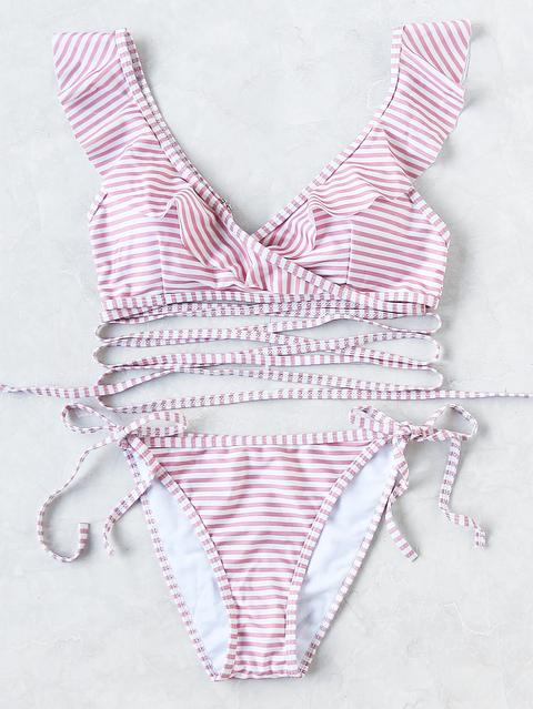 Conjunto De Bikini De Rayas De Cuello En V Con Volante Con Cordones