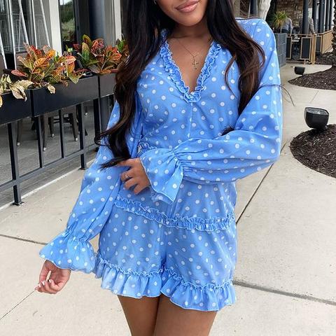 Blue Polka Dot Frill Detail Open Back Playsuit