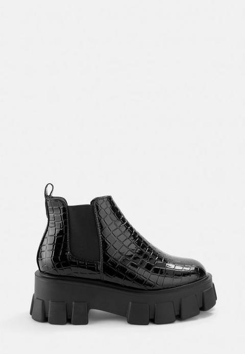 Black Croc Patent Chunky Sole Chelsea Boots, Black