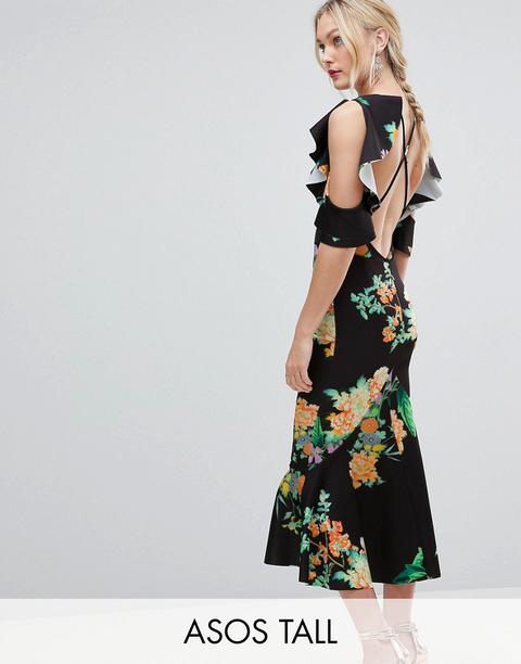 Asos Design Tall - Vestito Midi Peplo In Tessuto Scuba A Fiori Con Spalle Scoperte E Volant - Multicolore