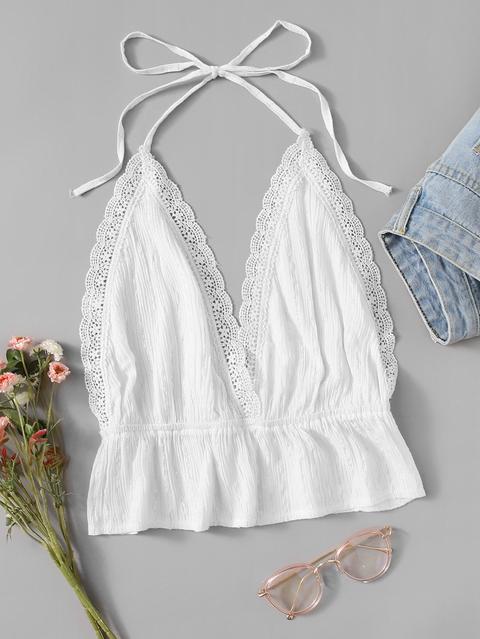 Lace Panel Trim Open Back Halter Top