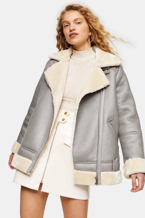 Womens Grey Faux Shearling Biker Jacket - Grey, Grey