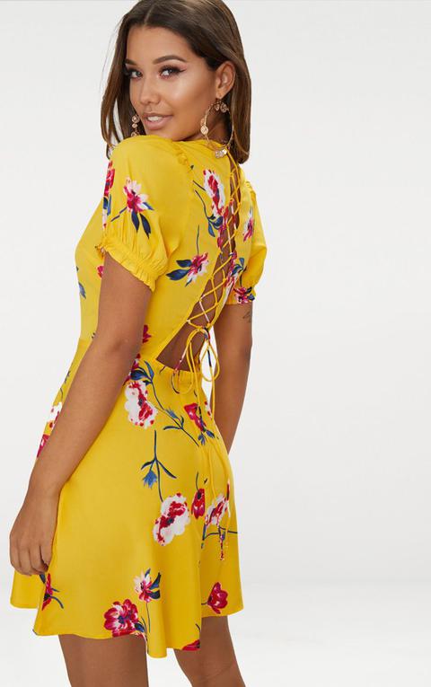 Yellow Floral Lace Up Back Tea Dress