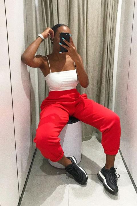 red oversized joggers
