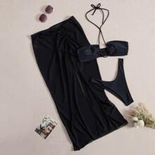 3 Piezas Bañador Bikini Cortado Alto Con Falda Playera