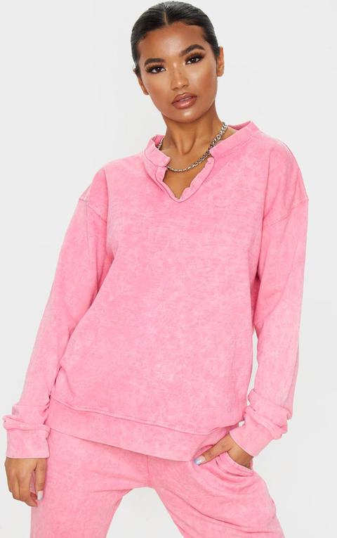 Light Pink V Neck Long Sleeve Washed Sweater