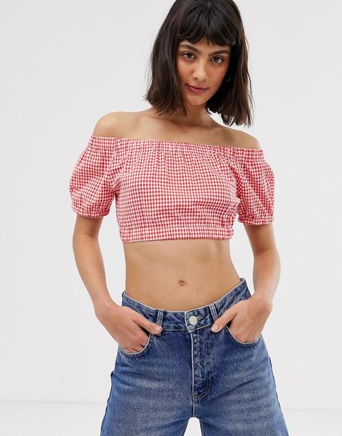 Only - Top A Quadretti Con Scollo Alla Bardot - Rosa