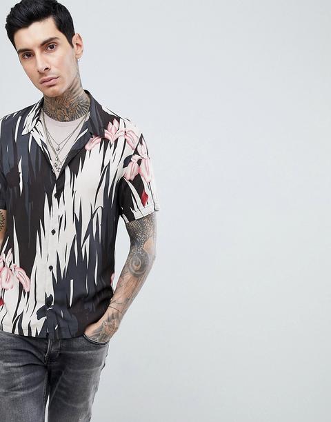 Camisa De Manga Corta Con Solapas Y Estampado Hawaiano De Allsaints-negro