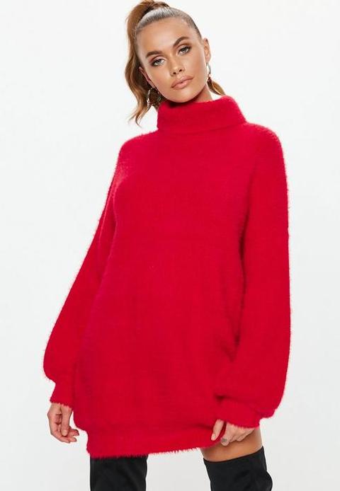 Premium Red Fluffy Roll Neck Jumper Dress, Red