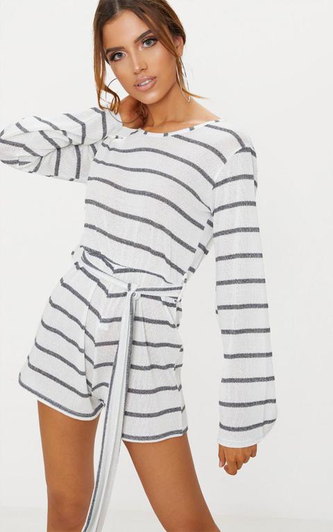 White Stripe Tie Waist Long Sleeve Playsuit, White