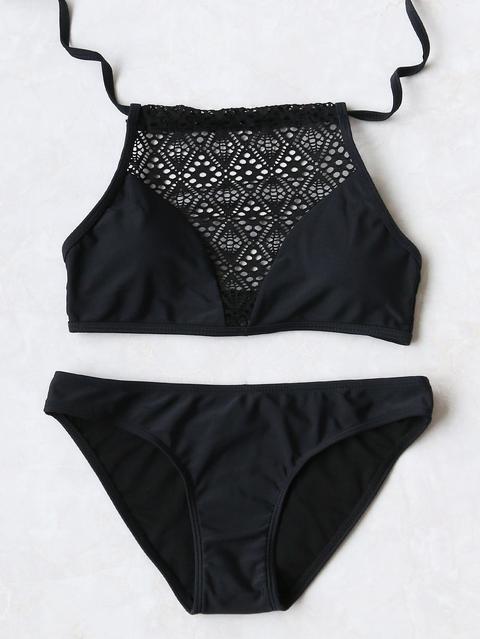 Black Hollow Out Detail Halter Bikini Set