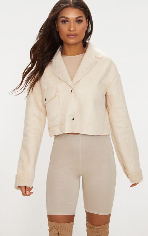 Cream Faux Suede Pocket Detail Cropped Jacket, White