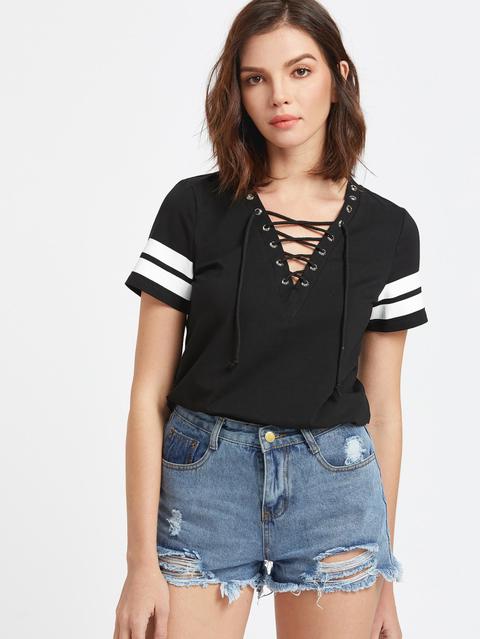 Black Lace Up V Neck Striped Sleeve T-shirt