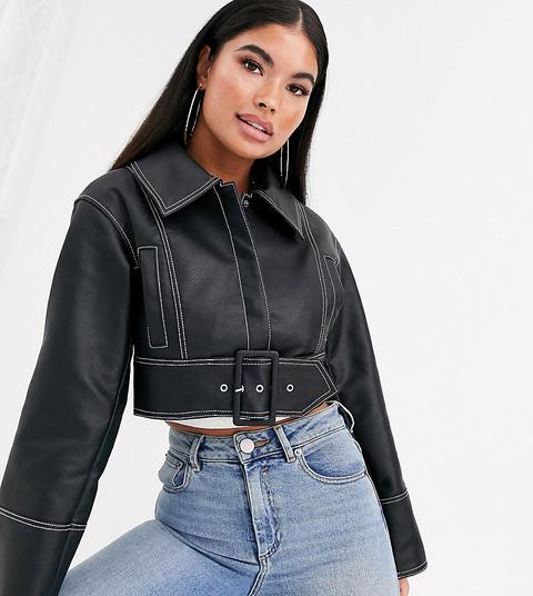 Asos Design Petite Leather Look Statement Belt Jacket In Black