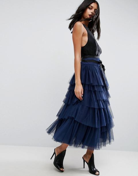 Asos - Gonna Da Cerimonia Midi In Tulle A Strati Allacciata In Vita - Navy