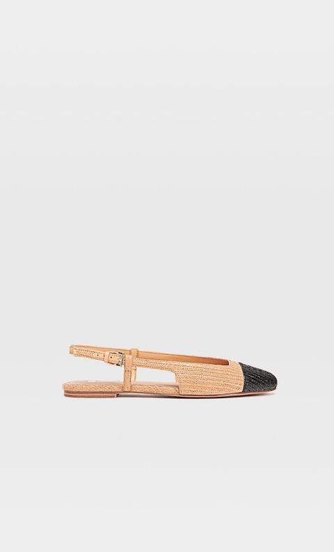 Stradivarius Ballerines Slingback En Raphia, Ouvertes À Larrière Et Bout Contrastant. Femme Naturel 35