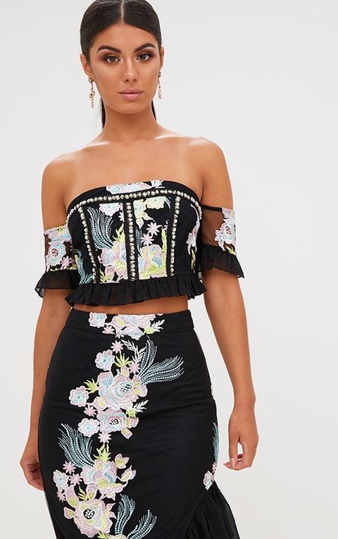 Premium Black Embroidered Ruffle Detail Bardot Crop Top